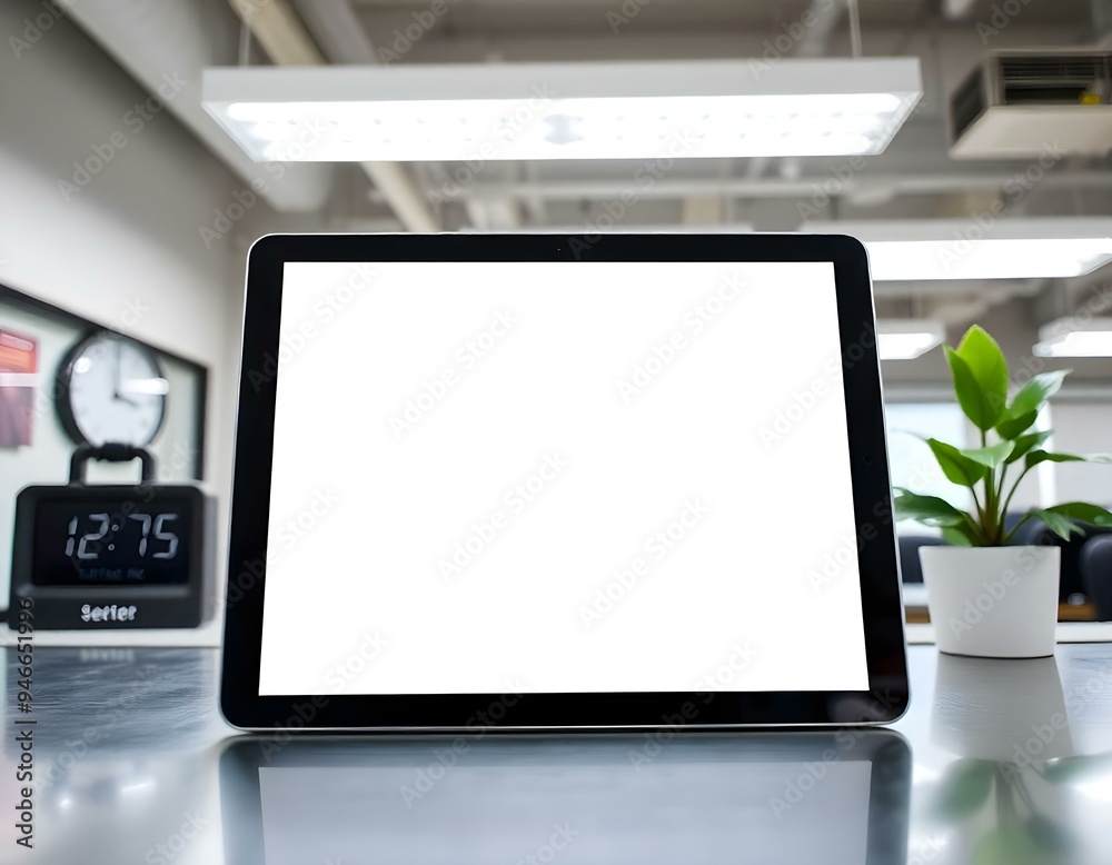 A blank tablet mockup situated on a metal surface, under fluorescent office lights, with a digital clock and a small plant nearby, giving a professional look create with ai A blank tablet mockup situated on a metal surface, under fluorescent office lights, with a digital clock and a small plant nearby, giving a professional look create with ai