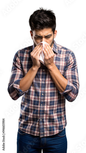 Obraz na płótnie Young Man Sneezing While Holding Tissue w salonie