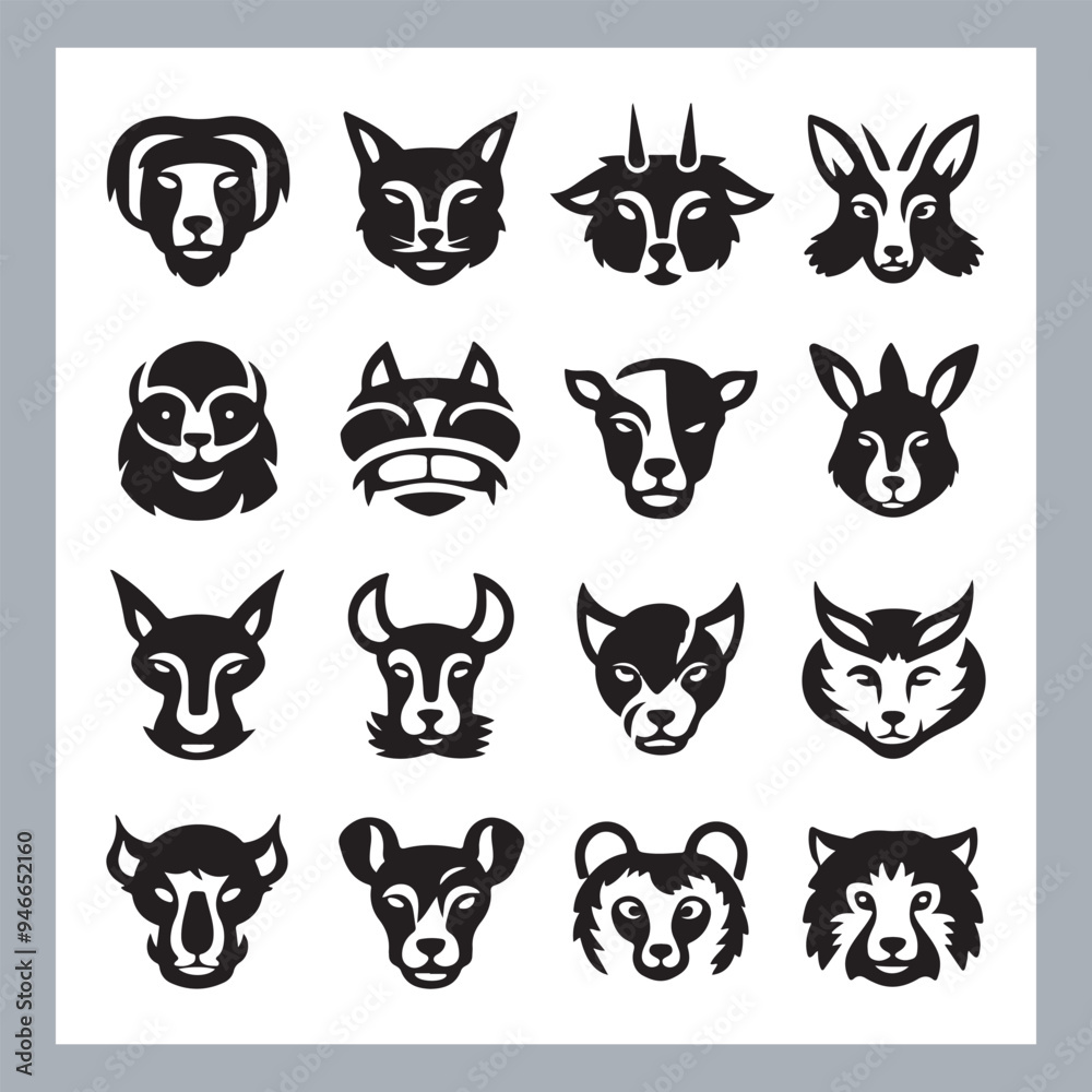 Obraz premium Set of silhouette logotype icons animal Lion, Elephant, Tiger, Giraffe, Kangaroo, Panda, Gorilla, dolphin, cat, deer, Polar Bear, Zebra, fox in white background