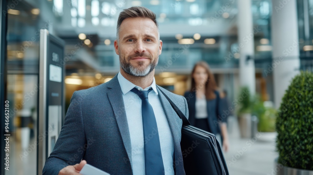 An executive man carrying a folder and holding a phone stands confidently in a modern office environment, ready for the day’s business and professional engagements. An executive man carrying a folder and holding a phone stands confidently in a modern office environment, ready for the day’s business and professional engagements.
