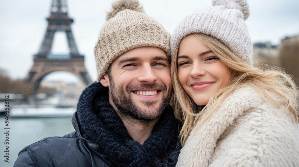 A couple dressed in warm clothing with matching beanies is smiling and looking happy as they pose by the Eiffel Tower in winter, depicting warmth and joy in a cold setting. A couple dressed in warm clothing with matching beanies is smiling and looking happy as they pose by the Eiffel Tower in winter, depicting warmth and joy in a cold setting.