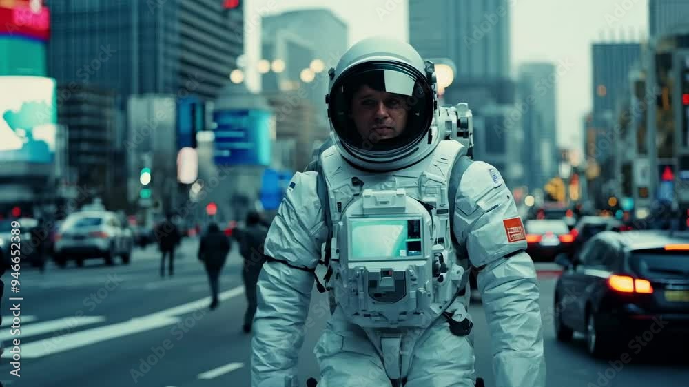 Astronaut strolling through a bustling city center Astronaut strolling through a bustling city center