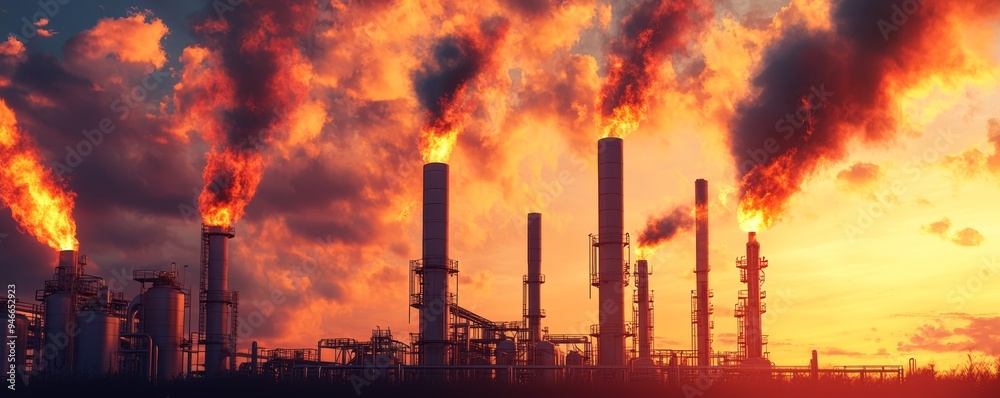 An oil refinery with towering pipes, storage tanks, and flames burning from flare stacks against a dusky sky An oil refinery with towering pipes, storage tanks, and flames burning from flare stacks against a dusky sky