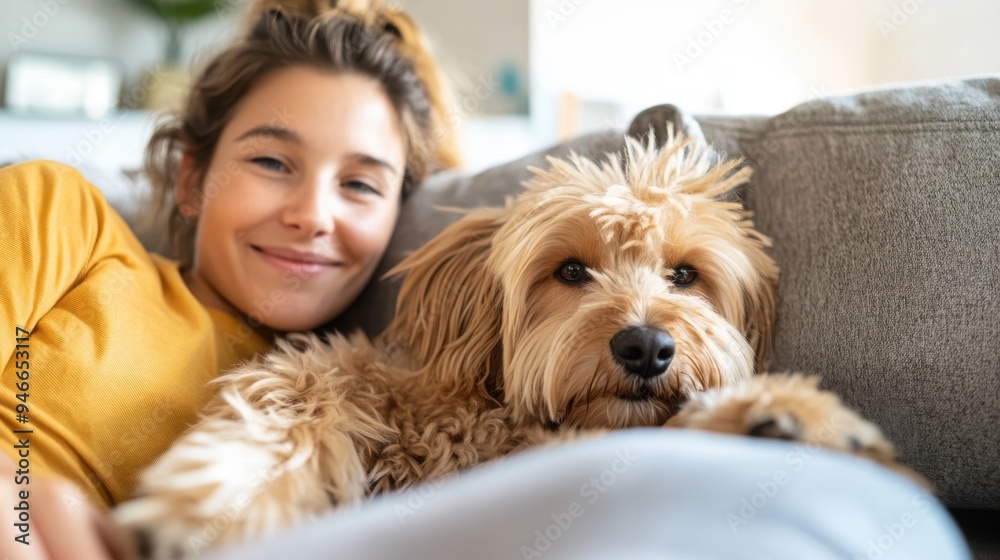A woman in a yellow sweater is cuddling with her fluffy brown dog on a comfortable couch, both looking content and relaxed in a homey atmosphere. A woman in a yellow sweater is cuddling with her fluffy brown dog on a comfortable couch, both looking content and relaxed in a homey atmosphere.