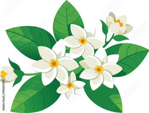 Illustration Of Jasmine Flowers With Leaves -looming jasmine flowers with vibrant green leaves. Perfect for botanical art, nature themes, and floral designs conveying freshness and elegance.
