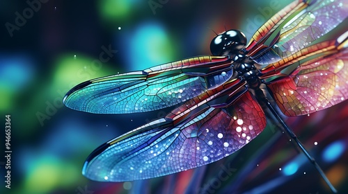 An up-close and vibrant portrayal of a dragonfly's wings, showcasing the radiant hues and intricate details in a breathtaking