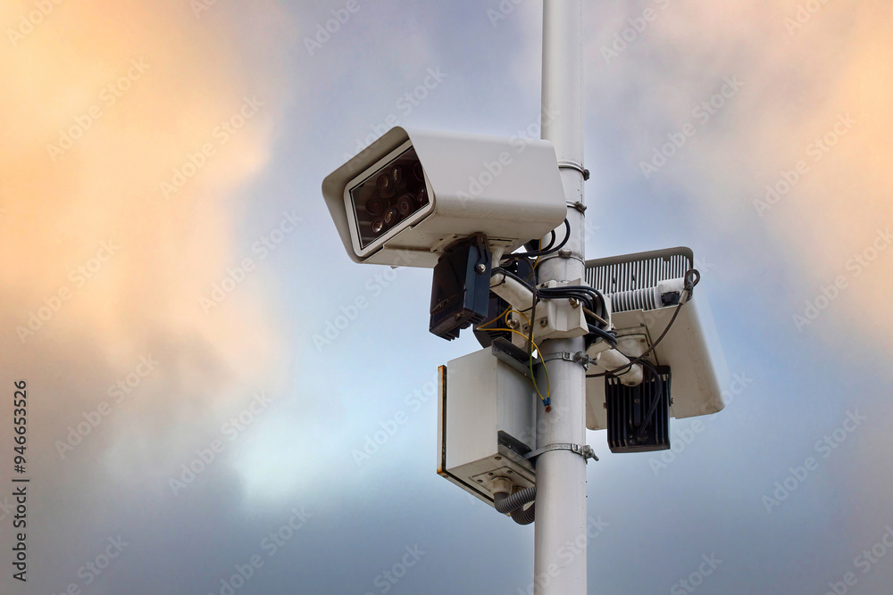 Intelligent CCTV IP video security system, multi lense camera mounted on pillar, agaist sky background, advanced surveillance and reliable safety monitoring. Security systems for effective monitoring Intelligent CCTV IP video security system, multi lense camera mounted on pillar, agaist sky background, advanced surveillance and reliable safety monitoring. Security systems for effective monitoring