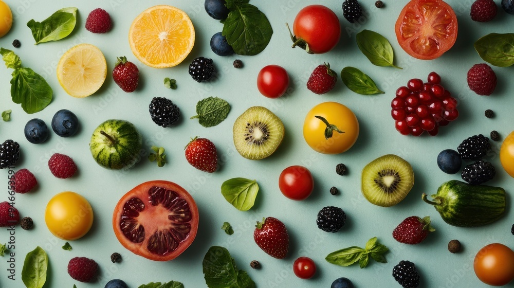 A Colorful Array of Fresh Fruits and Berries on a Light Blue Background A Colorful Array of Fresh Fruits and Berries on a Light Blue Background
