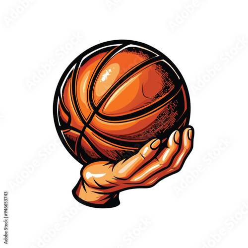 A detailed vector illustration of a basketball being held in a hand, featuring a  realistic orange basketball with black lines and a brown hand.