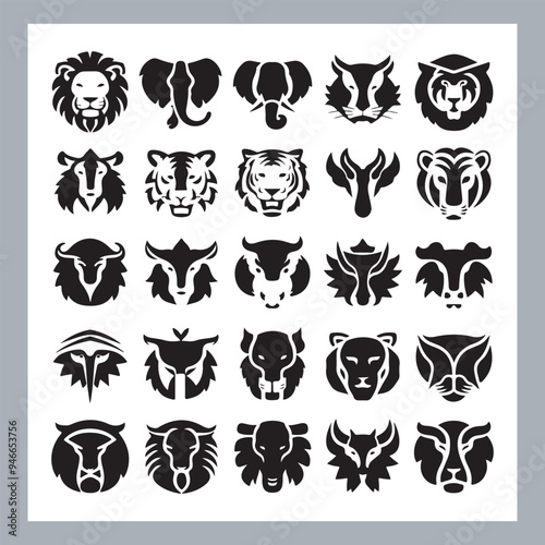 Set of silhouette logotype icons animal Lion, Elephant, Tiger, Giraffe, Kangaroo, Panda, Gorilla, dolphin, cat, deer, Polar Bear, Zebra, fox in white background