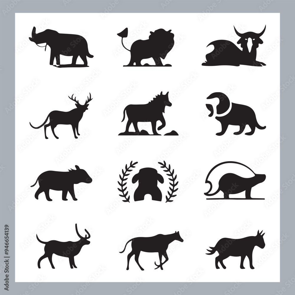 Obraz premium Set of silhouette logotype icons animal Lion, Elephant, Tiger, Giraffe, Kangaroo, Panda, Gorilla, dolphin, cat, deer, Polar Bear, Zebra, fox in white background