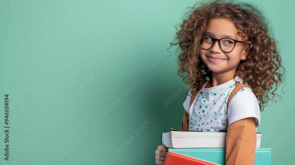 Joyful curly-haired schoolgirl with glasses, holding textbooks on a mint green background, copy space Joyful curly-haired schoolgirl with glasses, holding textbooks on a mint green background, copy space