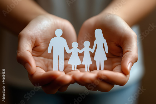 hands holding paper family cutout, family home, adoption foster care, homeless charity , family mental health, Autism support , domestic violence, trust, social distancing, isolation concept