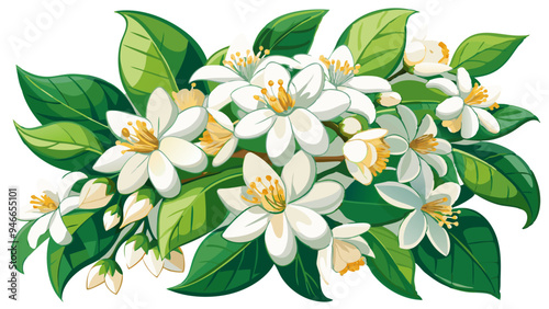 Illustration Of Jasmine Flowers With Leaves -looming jasmine flowers with vibrant green leaves. Perfect for botanical art, nature themes, and floral designs conveying freshness and elegance. 