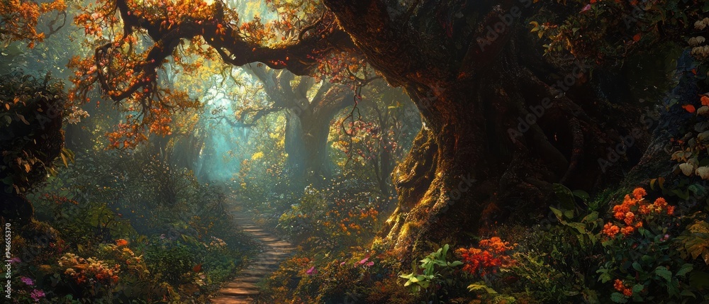 Obraz premium A Mystical Forest Path with Sunlight Filtering Through the Canopies