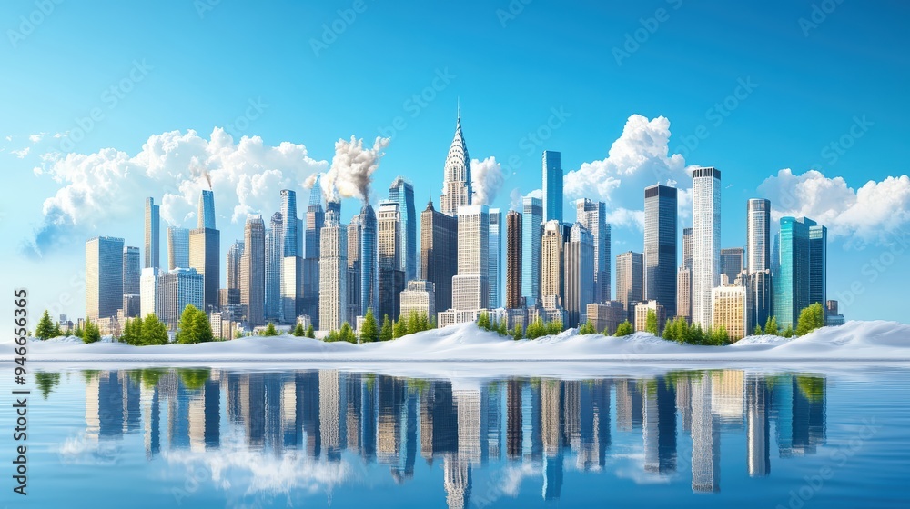 Vibrant cityscape with skyscrapers reflecting on a serene water surface under a clear blue sky, showcasing urban beauty and nature. Vibrant cityscape with skyscrapers reflecting on a serene water surface under a clear blue sky, showcasing urban beauty and nature.