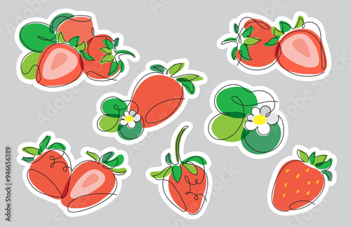 Vector set of stickers with stylized berries and strawberry leaves