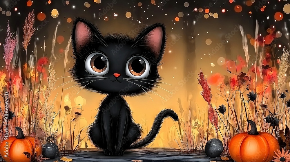 A black cat sits amidst pumpkins and flowers under a full moon A black cat sits amidst pumpkins and flowers under a full moon