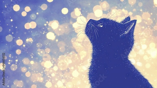   A cat gazing skyward with white-blue dots photo