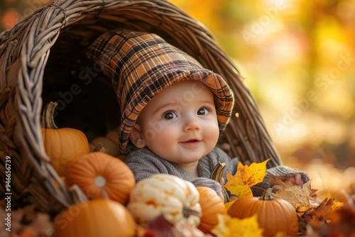 An adorable baby boy dressed in a pilgrim hat, sitting inside a large cornucopia filled with small pumpkins and fall leaves. Thanksgiving theme.
