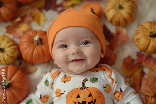 A adorable baby in a pumpkin themed Halloween outfit, surrounded by mini pumpkins and fall leaves and smiling