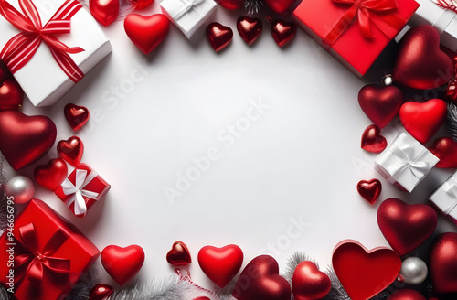 On a white background on the sides there are white and red gift boxes with bows, red hearts, silver balls, in the center there is a free space for advertising. The concept of gifts for the holiday