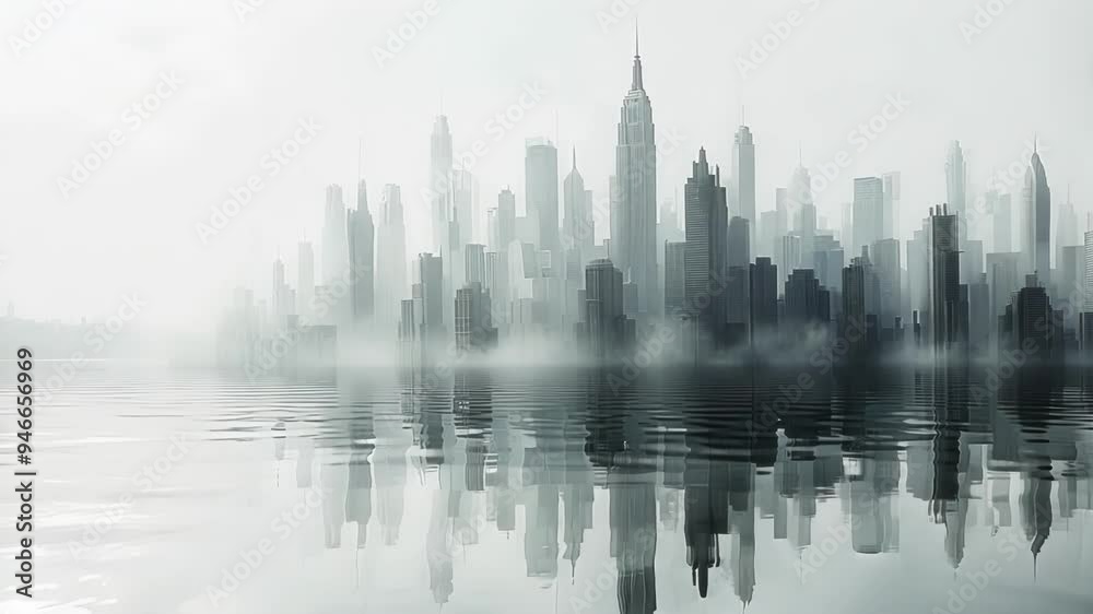 The skyline of new york city is shrouded in fog, with the buildings reflecting in the water below, creating a sense of mystery and uncertainty The skyline of new york city is shrouded in fog, with the buildings reflecting in the water below, creating a sense of mystery and uncertainty