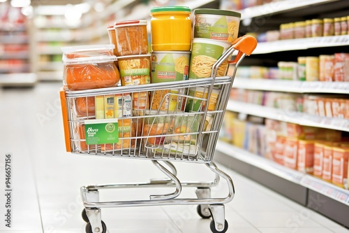 Shopping cart full of groceries in supermarket aisle photo