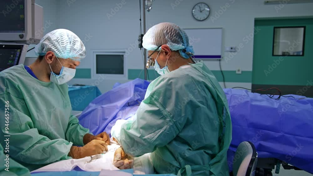 Two cooperating doctors perform neurosurgery on the patient's harm. Male scrub nurse sits at the table with surgical tools. Two cooperating doctors perform neurosurgery on the patient's harm. Male scrub nurse sits at the table with surgical tools.