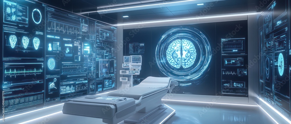 Futuristic Medical Examination Room with Brain Scan Display Futuristic Medical Examination Room with Brain Scan Display