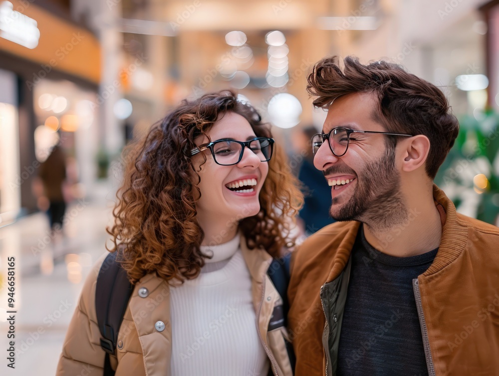 Laughing couple with brown curly hair, man wearing glasses, stylish mall shopping day, happy and walking. Laughing couple with brown curly hair, man wearing glasses, stylish mall shopping day, happy and walking.