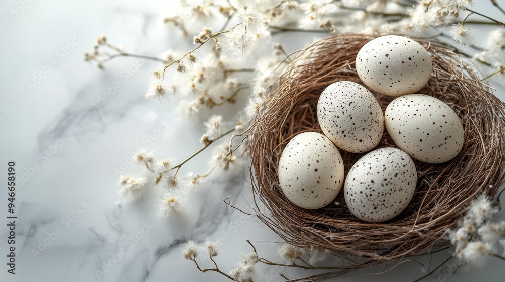Nest with Speckled Eggs and Spring Flowers Generative AI Nest with Speckled Eggs and Spring Flowers Generative AI