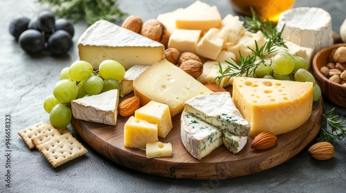 A beautifully arranged cheese platter featuring a variety of cheeses, fresh grapes, crunchy nuts, and a touch of rosemary. This assortment offers a delightful combination of textures and flavors, perf photo