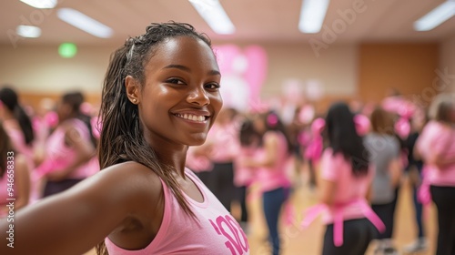 A vibrant image of a breast cancer awareness event in a community center, with people of all ages participating in activities and wearing pink ribbons, the atmosphere is energetic and filled with a