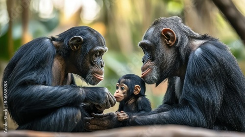 Two Chimpanzees and Their Baby