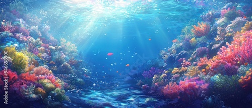 Underwater Scene with Sunbeams and Colorful Coral Reef