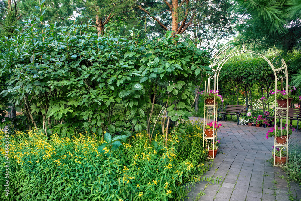 A beautiful garden landscape with a beautiful metal arch, bushes and trees. A beautiful garden landscape with a beautiful metal arch, bushes and trees.