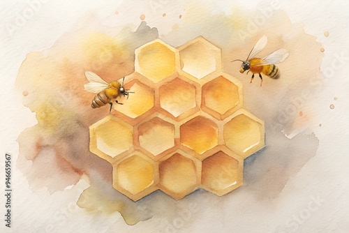 honeycomb houses with bees in it watercolor
