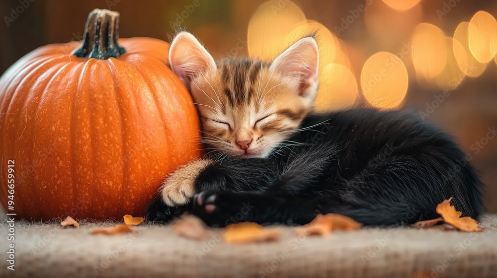 A kitten sleeping next to a pumpkin on a table next to a lit-up Christmas ornament A kitten sleeping next to a pumpkin on a table next to a lit-up Christmas ornament