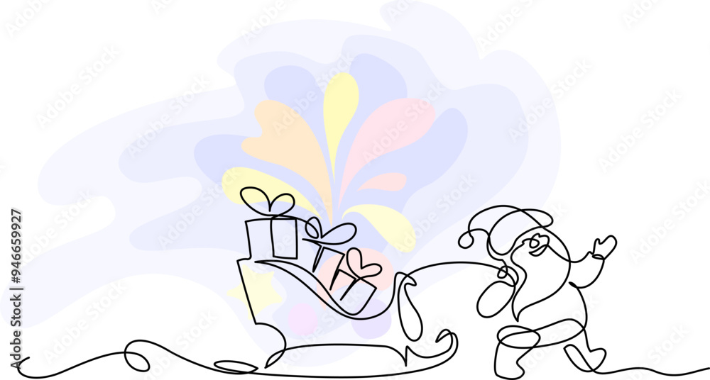 Fototapeta premium Little Santa carrying sleigh with gifts boxes. Continuous one line drawing.
