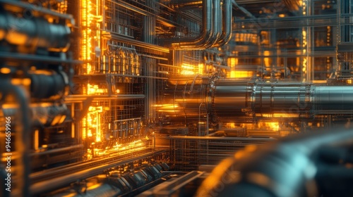 Glowing Metal Pipes and Grids in a Futuristic Industrial Setting