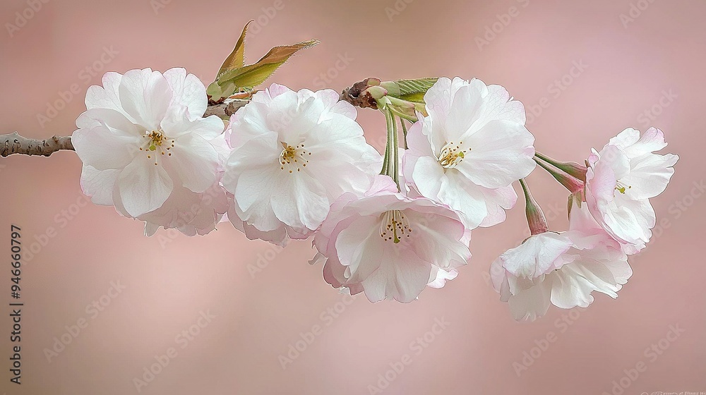 Cherry blossom tree with white flowers on a pink background, small bird on a branch Cherry blossom tree with white flowers on a pink background, small bird on a branch