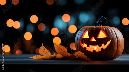   A Jack-O'-Lantern pumpkin is sitting on a table next to a leaf, surrounded by a book of lights in the background