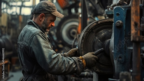 Wallpaper Mural A factory worker in a black coat operates a machine. Torontodigital.ca
