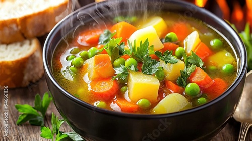  A bowl of soup with peas, carrots, potatoes, and parsley on a wooden table beside a loaf of bread