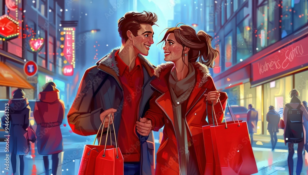 Obraz premium Romantic city scene, couple with shopping bags, Valentine's Day date, high resolution, vivid colors.