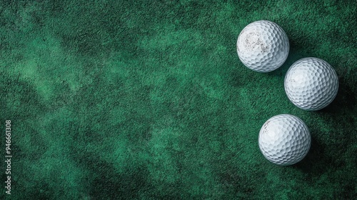 This image depicts three golf balls placed on green turf. The white balls contrast sharply with the textured, lush green background, capturing the essence of the sport. photo