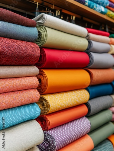 A close-up of colorful fabric rolls stacked neatly in a clothing store. This symbolizes the vibrant colors, patterns, and textures of the fabrics. The organization and display highlight the variety an