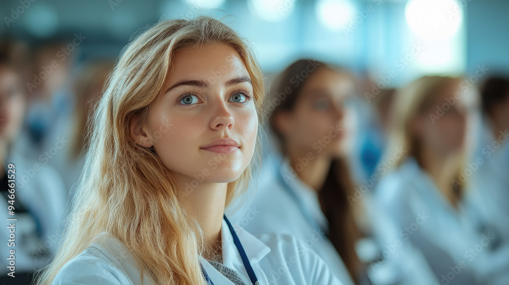 Group of doctors in lab coats with badges at conference in bright auditorium, people listening attentively to speaker, meeting, presentation, medical seminar, men, women, professionals, science