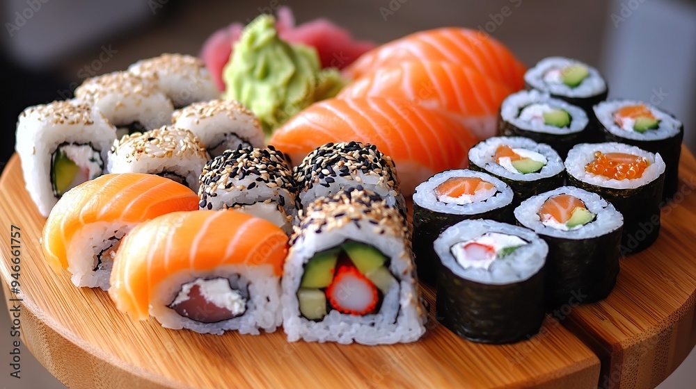 Classic Japanese sushi rolls arranged on a wooden platter. Classic Japanese sushi rolls arranged on a wooden platter.